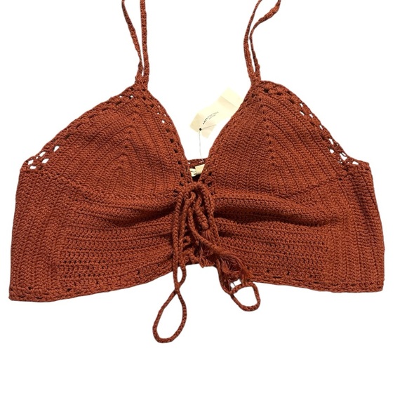 American Eagle Cropped Crochet Knit Top Tassel Tie Front/ Rust Brown - Picture 2 of 3